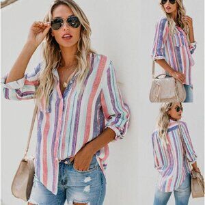 NWOT En Crème Striped Button Up Bohemian Southwestern Print Shirt Size Medium Ca